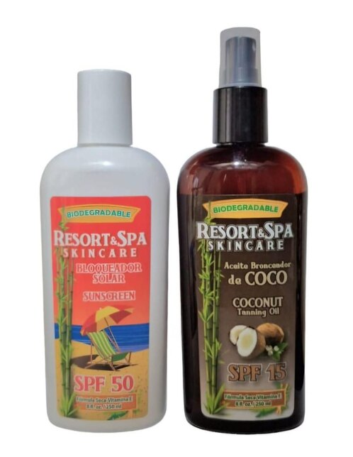 Kit Bloqueador solar FPS 50 y Aceite bronceador de coco FPS 15 Resort And Spa Skin Care