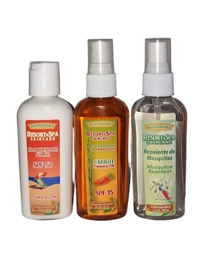 Kit De Bloqueador Solar FPS 50 Aceite Bronceador De Zanahoria FPS 15 Y Repelente De Moscos Resort And Spa Skin Care