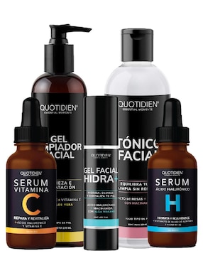 Kit tratamiento facial Tónico + Serum Vitamina C + Suero de Ácido Hialurónico + Gel Hidratante + Gel Limpiador antioxidante Quotidien
