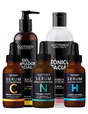 Kit tratamiento facial tónico facial + sérum vitamina C + sérum niacinamida + sérum de ácido hialurónico + gel limpiador antioxidante Quotidien